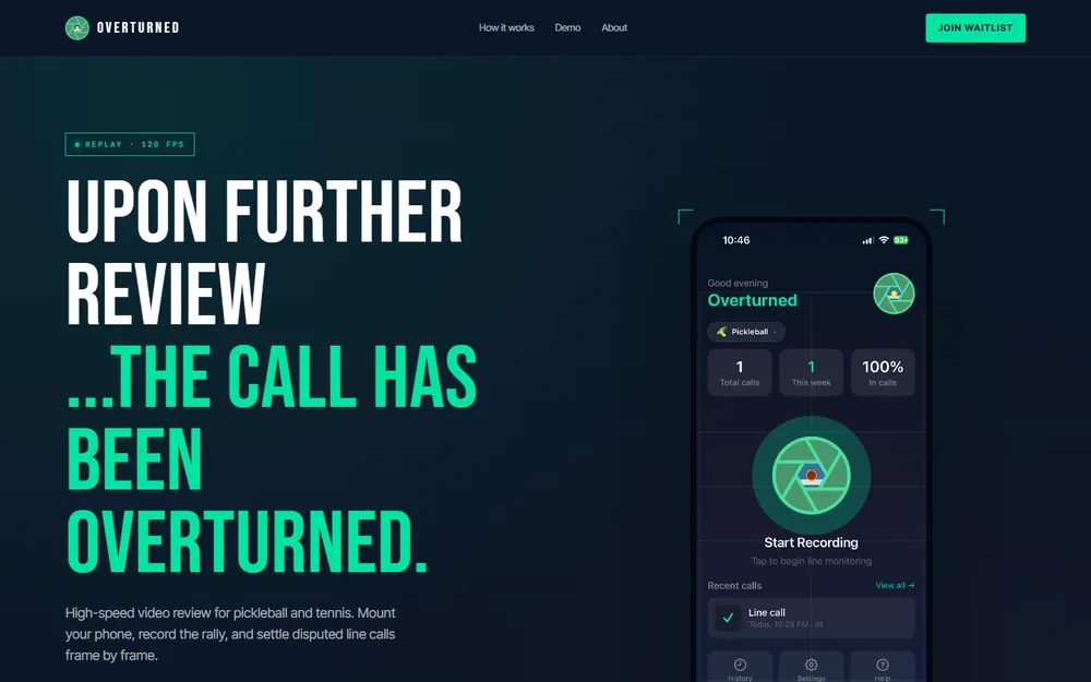 Overturned app launch site: bold green headline beside a phone showing the app